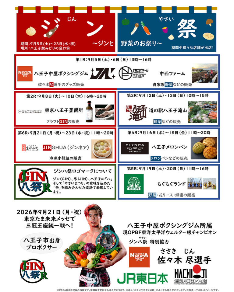 ～ 八王子駅にてジンと野菜のお祭り ～ 「 第2回　ジン八祭 （じんやさい）」を開催します（9月5日(土)～9月23日(水・祝)）